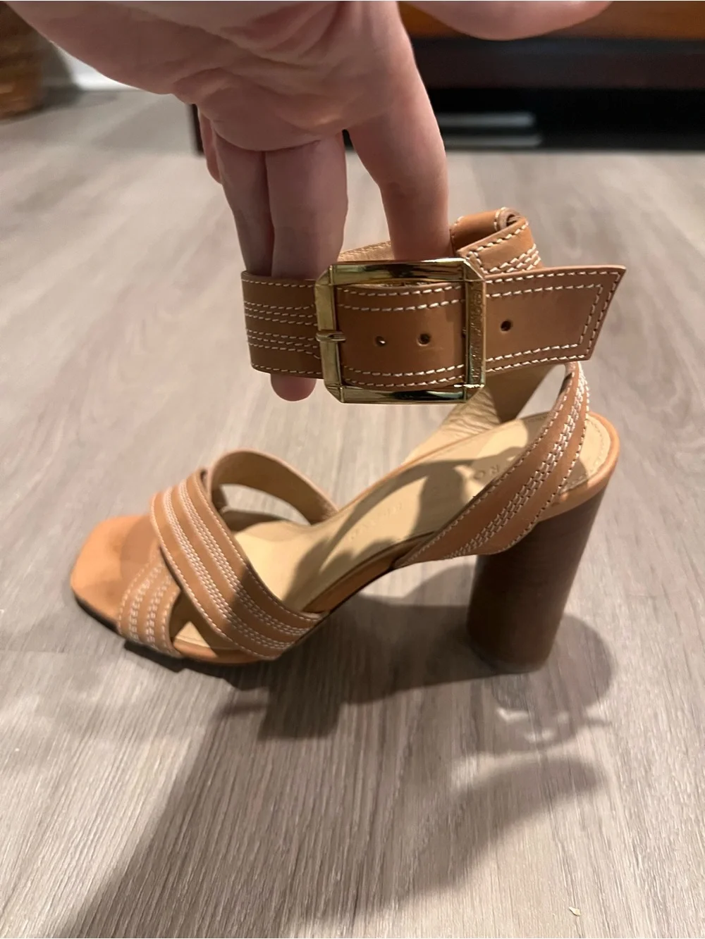 Veronica Beard Tan Leather Ankle-Strap Block Heels